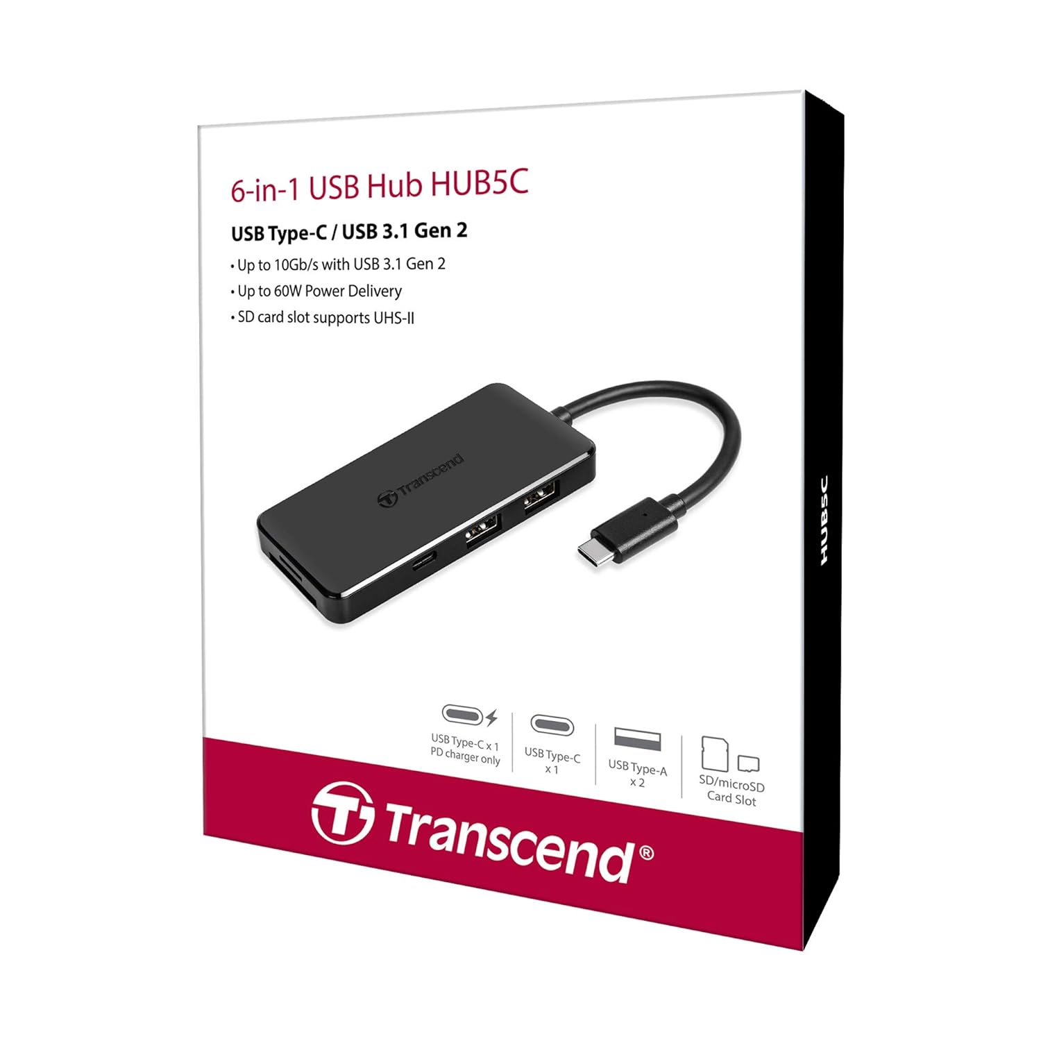 Transcend USB 3.1 Gen 2 Interface 6-in-1 USB Type-C Hub, Up to 10Gb/S Transfer Rates Black - TS-HUB5C Port Transcend USB 3.1 Gen 2 Interface 6-in-1 USB Type-C Hub, Up to 10Gb/S Transfer Rates Black - TS-HUB5C Port